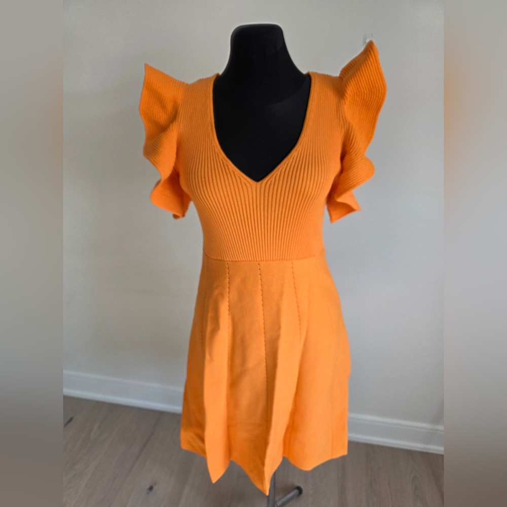 Zara Orange Knit Dress With Frill Sleeves  M